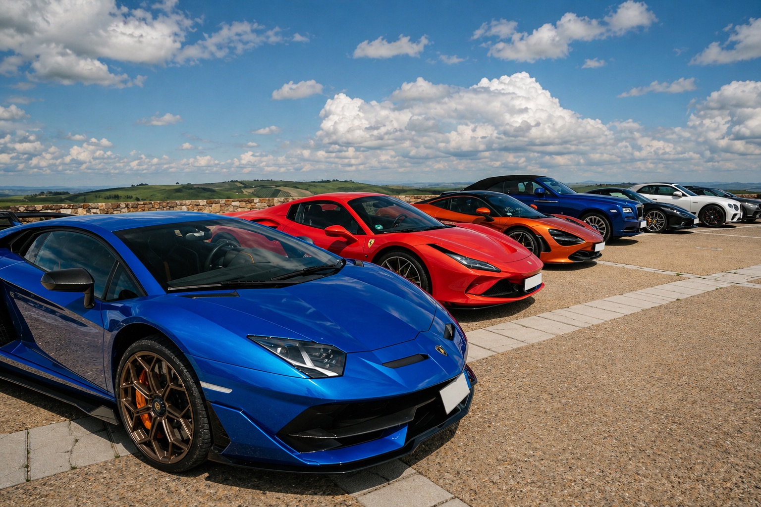 Ferrari and Lamborghini lineup during the route